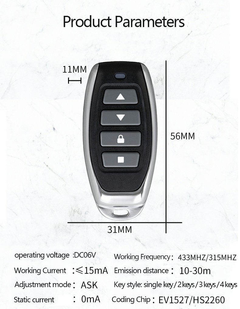 433.92Mhz 2 keys ev1527 ic Metal Keychain wireless Remote Control Transmitter for gate openers