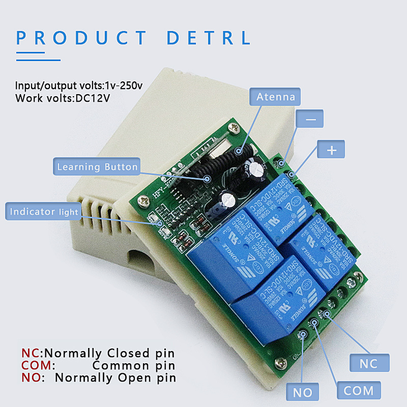 Wireless Remote Control Switch DC 12V 4CH relay Receiver Module With Universal 4 channel RF Remote 433 Mhz Transmitter