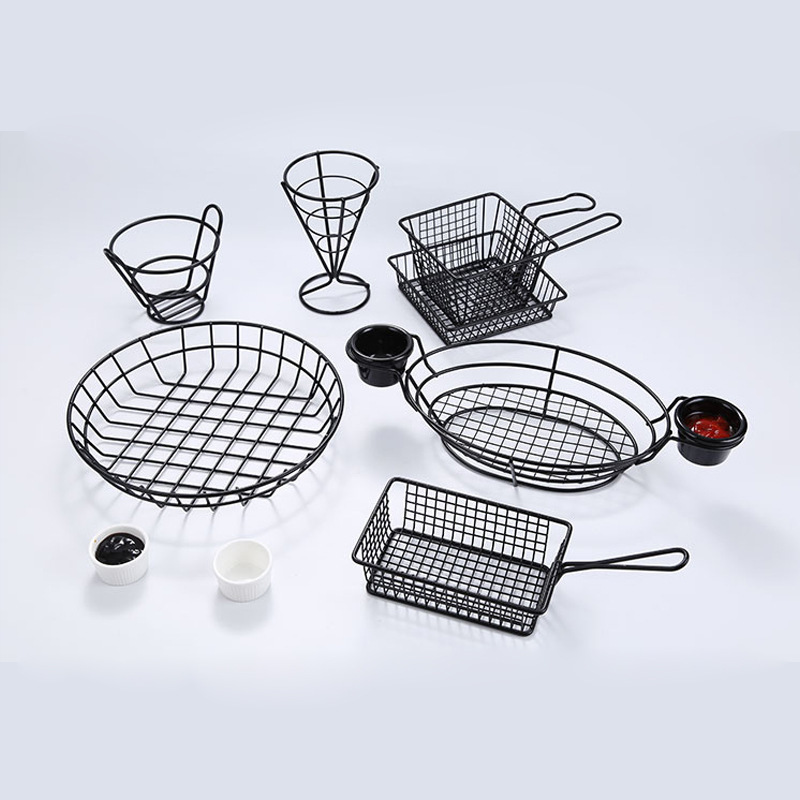 Potatoes Chips French Metal mini deep fry serving basket for french fries with Sauce Cup french fry holder