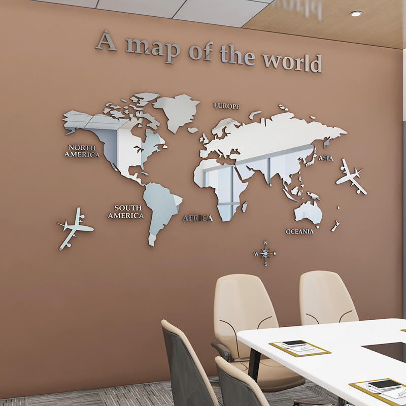 Wholesale Custom Golden Mirror Acrylic World Map Wall Stickers Home Office Worldmap Decoration For Bedroom Indoor Decor