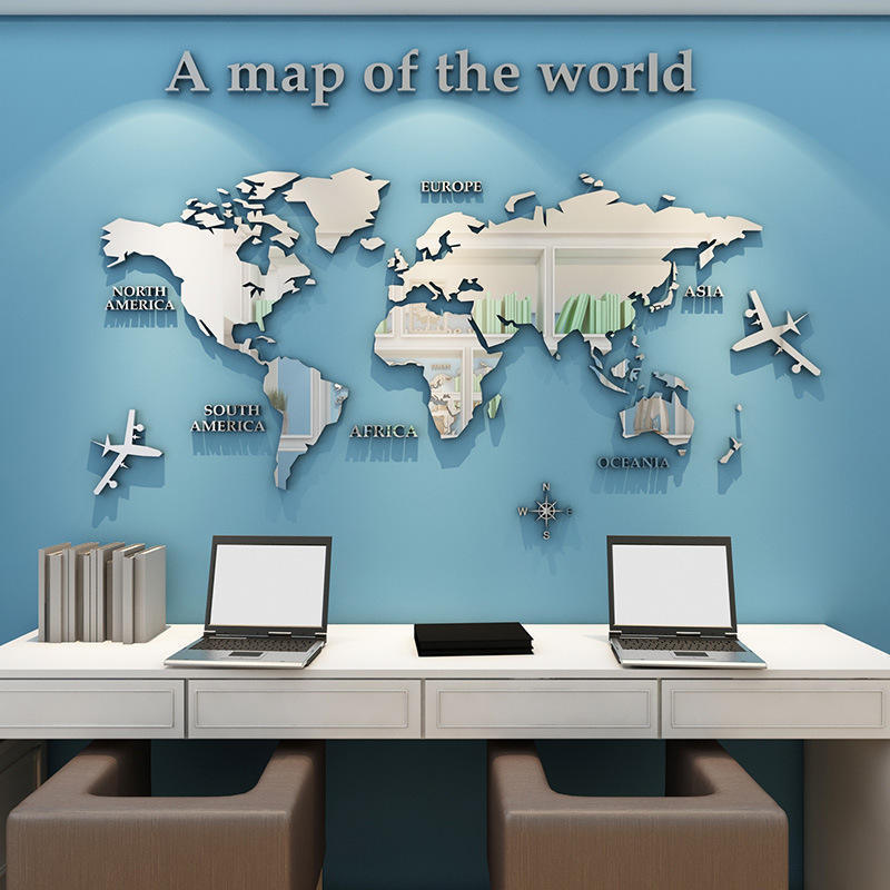 Wholesale Custom Golden Mirror Acrylic World Map Wall Stickers Home Office Worldmap Decoration For Bedroom Indoor Decor