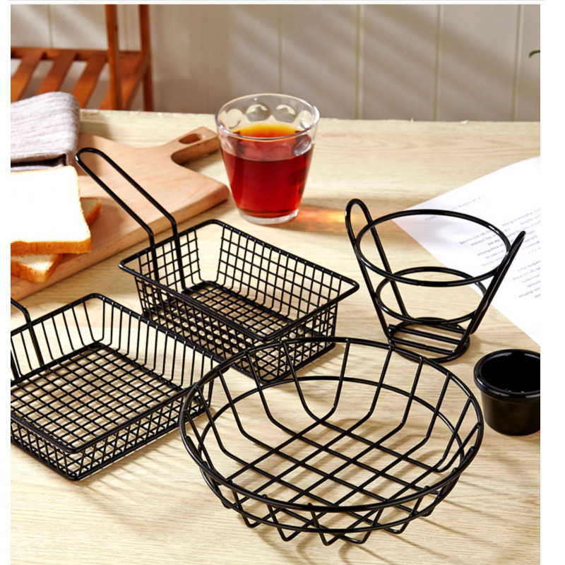 Potatoes Chips French Metal mini deep fry serving basket for french fries with Sauce Cup french fry holder