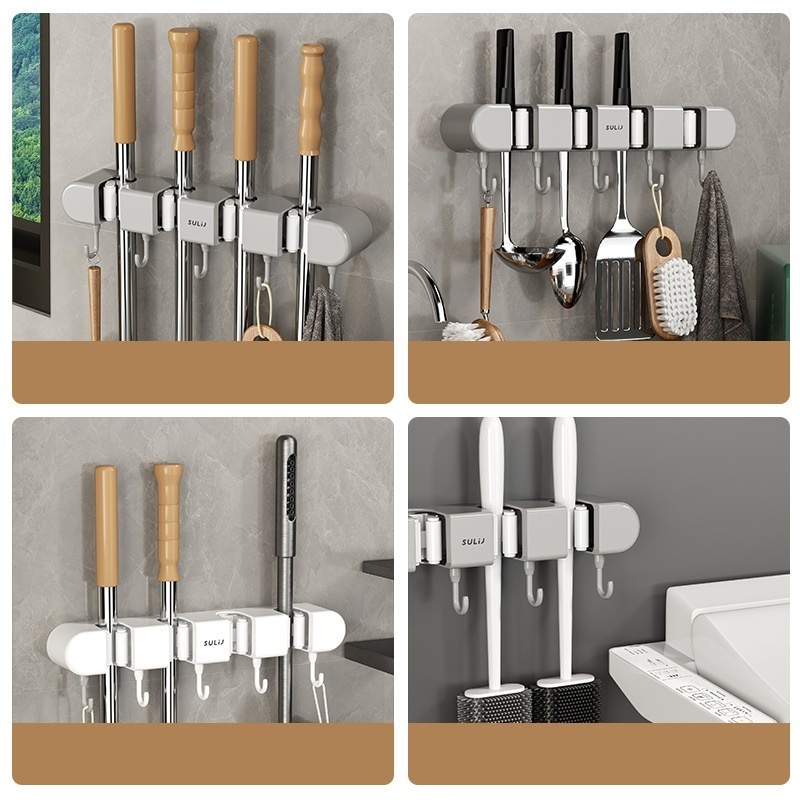 Perforation-free multi-functional mop rack wall hanging items Strong hook household bathroom broom mop clip storage rack