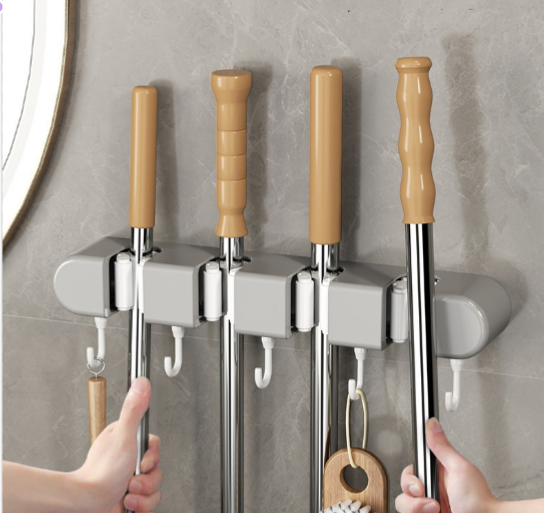 Perforation-free Multi-functional Mop Rack Wall Hanging Items Strong Hook Household Bathroom Broom Mop Clip Storage Rack