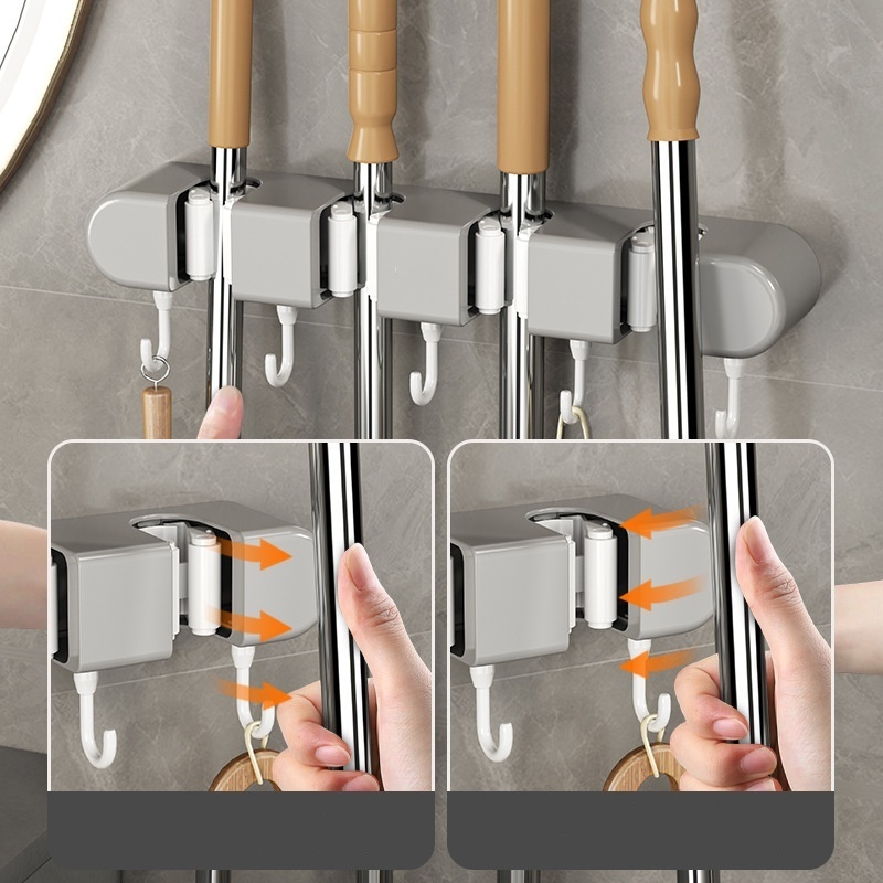 Perforation-free Multi-functional Mop Rack Wall Hanging Items Strong Hook Household Bathroom Broom Mop Clip Storage Rack