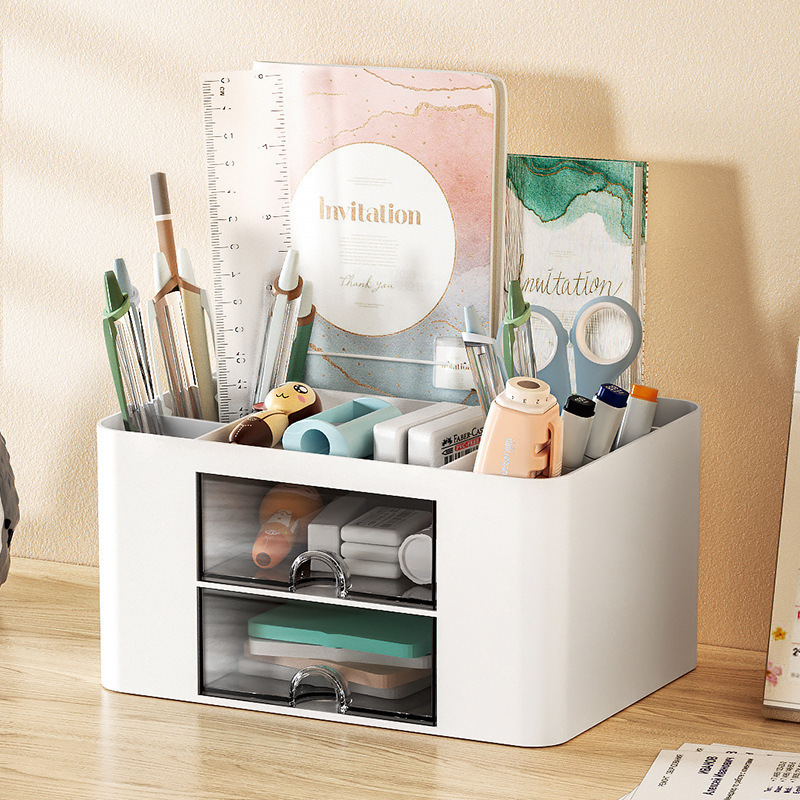 Dresser Cosmetic Brush Pen Holder Stationery Organizer Desk Office Storage Box With Mini Drawer