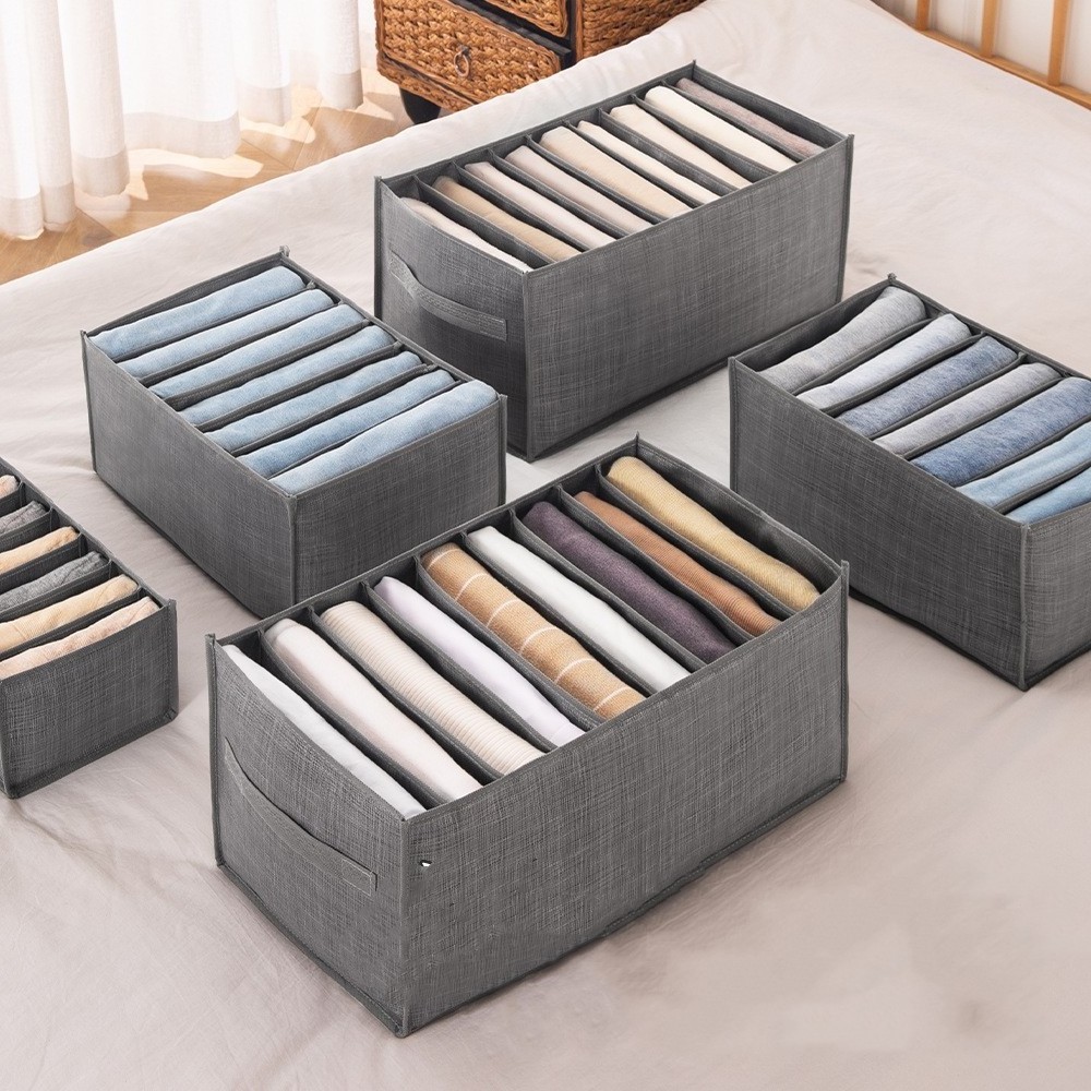 Hot Selling Wardrobe Clothes Organizer Linen Fabric 7 Grids 9 Grids Jeans Organizer For Closet