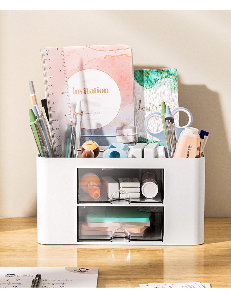 Dresser Cosmetic Brush Pen Holder Stationery Organizer Desk Office Storage Box With Mini Drawer