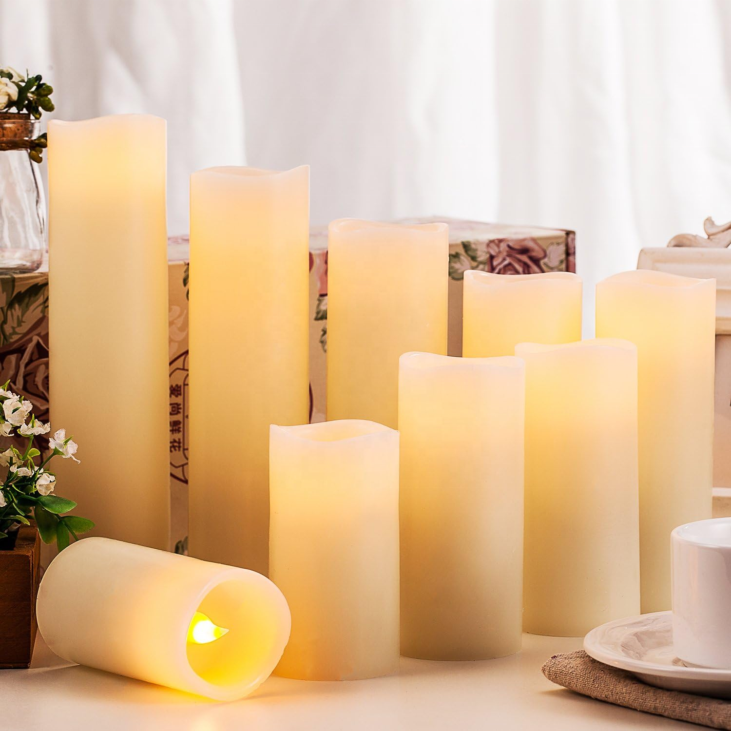 Wedding Decorative Set Of 9 White Pillar Real Wax Battery Operated Electric Clear Glass Flameless LED Candles With Moving Flame