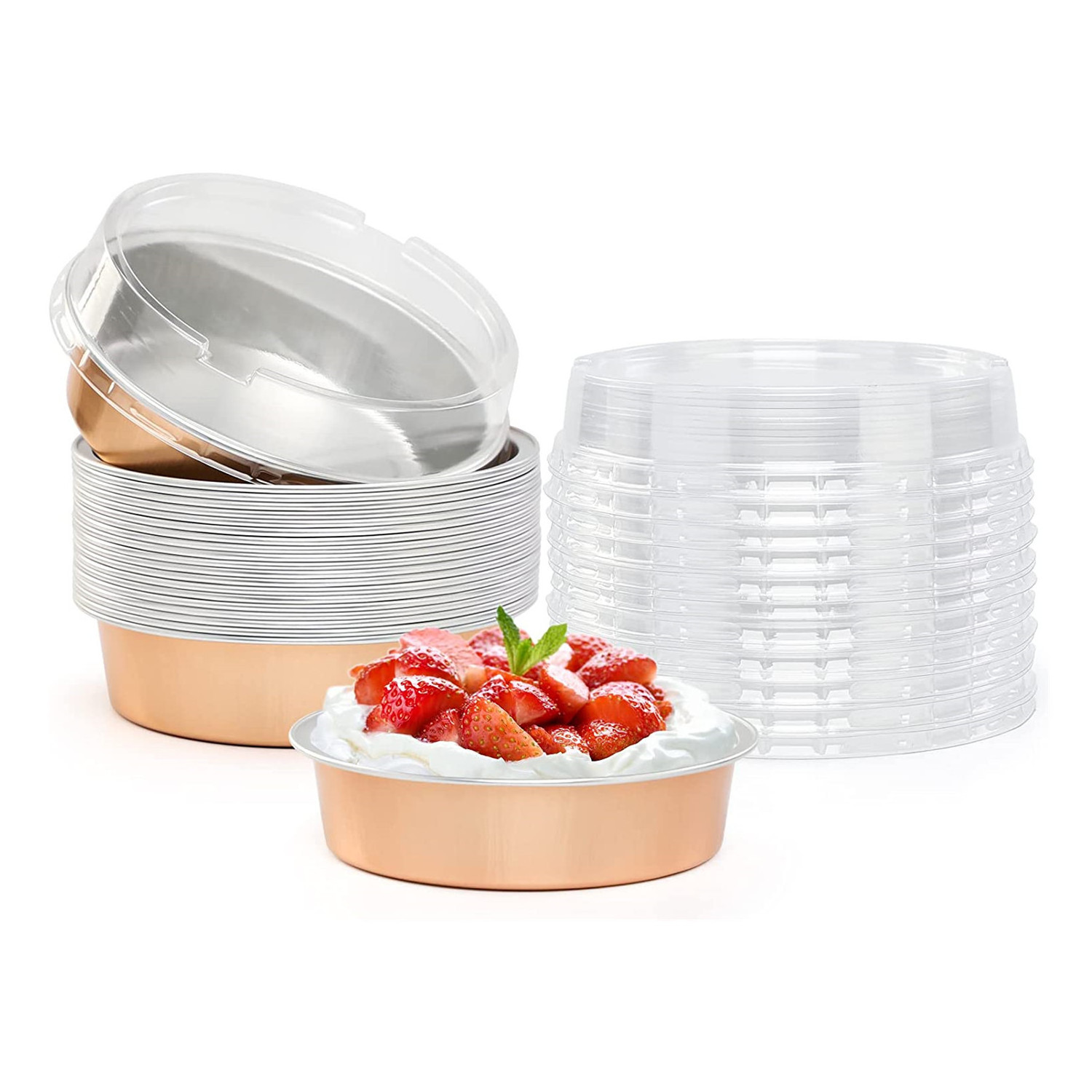 Mini Foil Tins Plates Baking Foil Pans with Lids, 4 Inch Disposable Mini Pie Tins Tart Pans 8 Oz Rose Gold Aluminum Pan