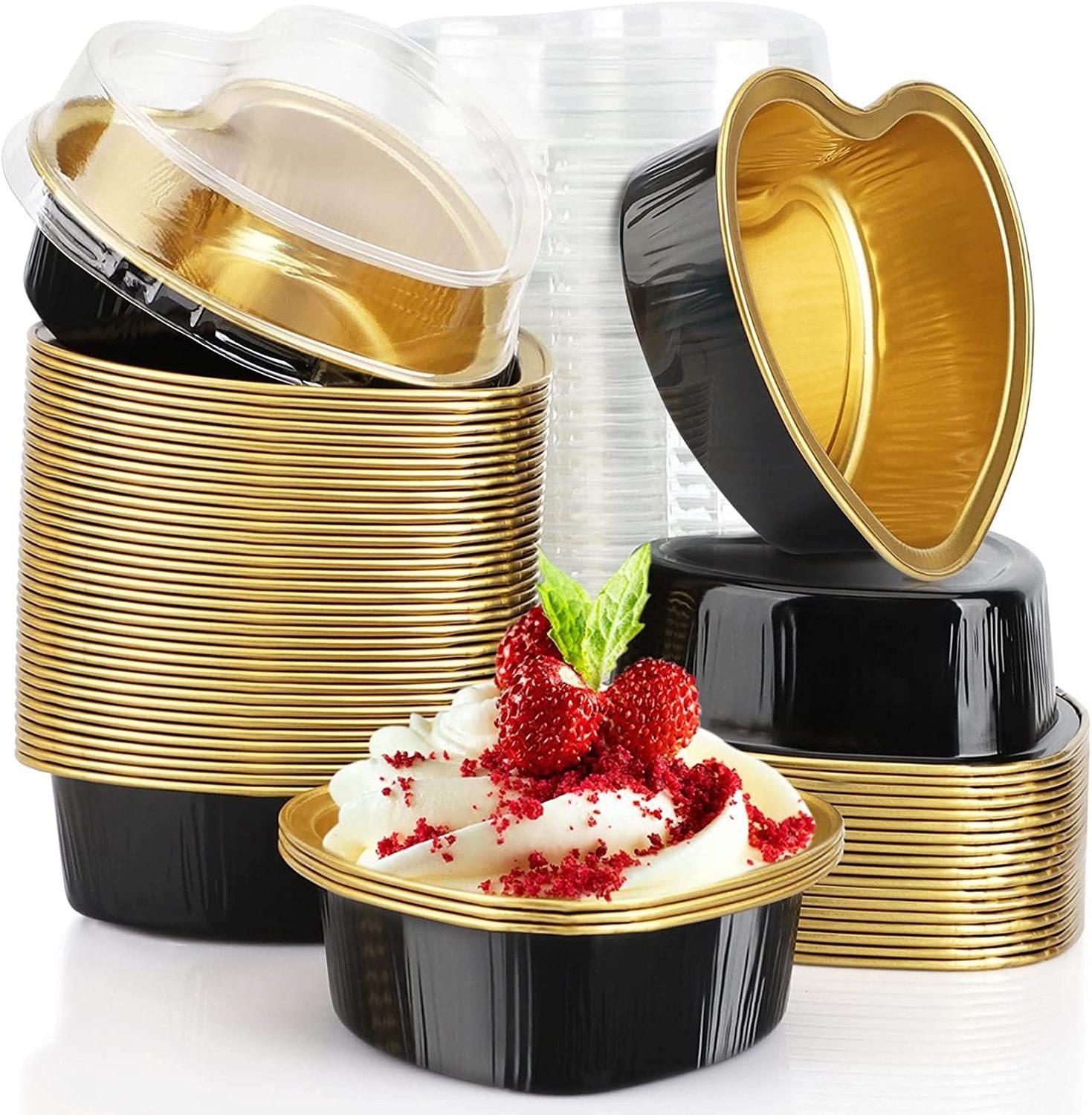 Aluminum Foil Cups,3.4oz 50pcs Hearts Shape Baking Cups with Lids, Snacks Desserts Flan Containers