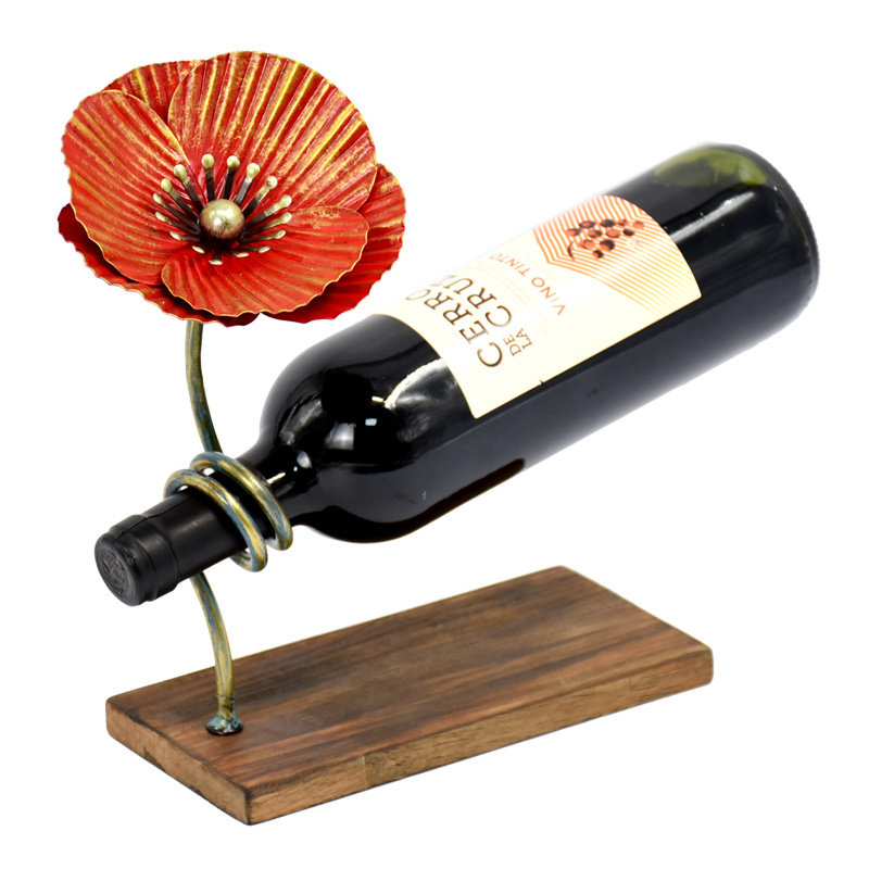 2023 New Product Best Price Single Iron Metal Wine Rack Red Flower Shape Wine Bottle Holders Stands Decorative Wood