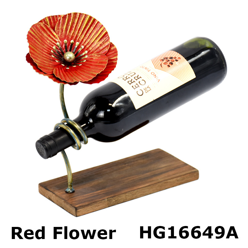 2023 New Product Best Price Single Iron Metal Wine Rack Red Flower Shape Wine Bottle Holders Stands Decorative Wood