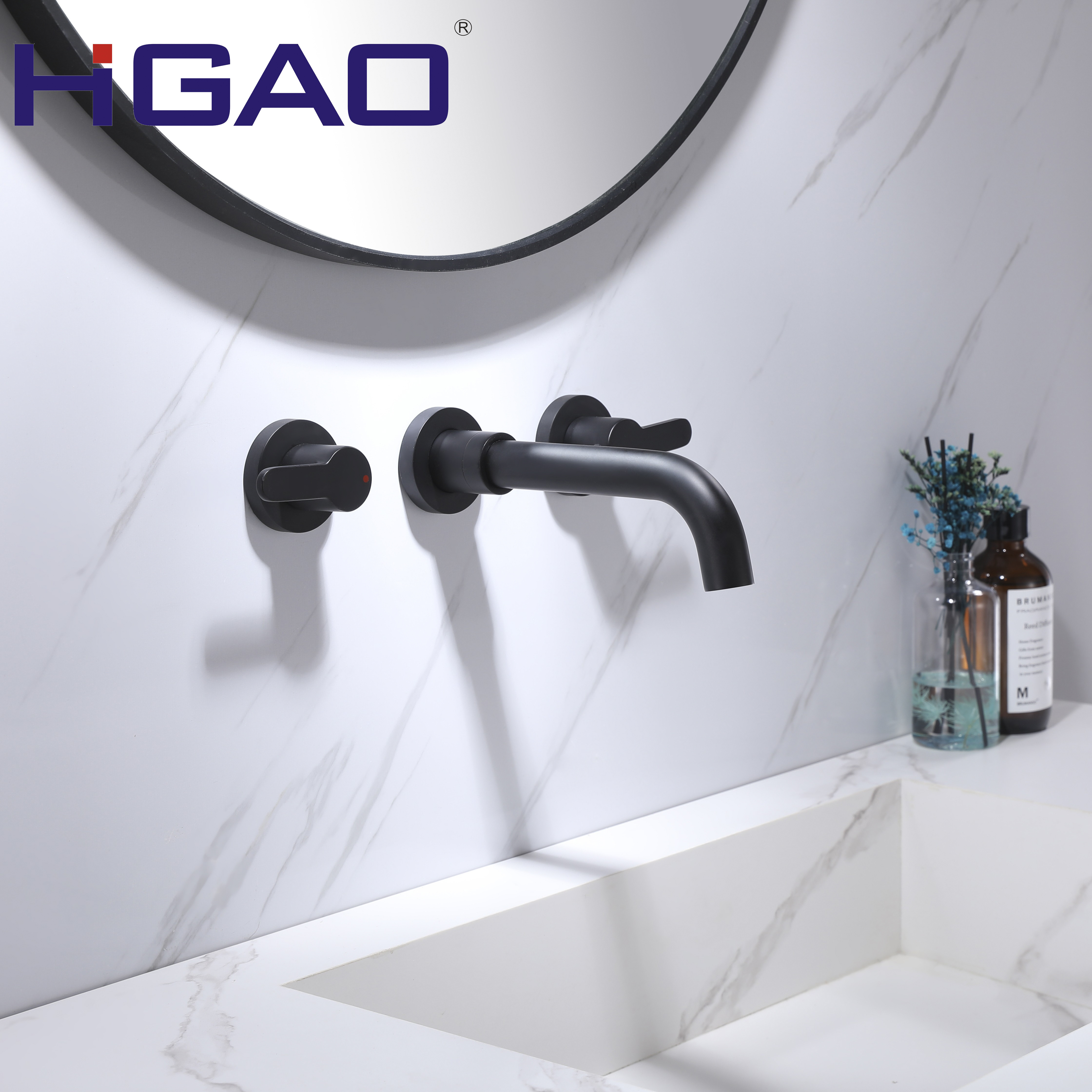 JIangmen modern design hotel black double handle water mixer tap wall mounted wash basin faucet