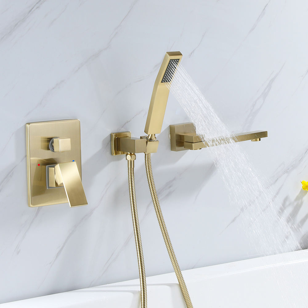 Wall mounted brushed gold bathtub mixer faucet brass single handle bathtub faucet set