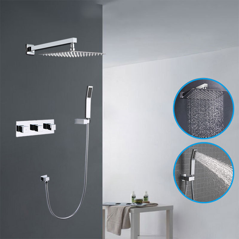 Concealed Wall Mounted Bathroom Shower faucet With Square Ceiling Mounted Shower Head & 3 button control for water switch