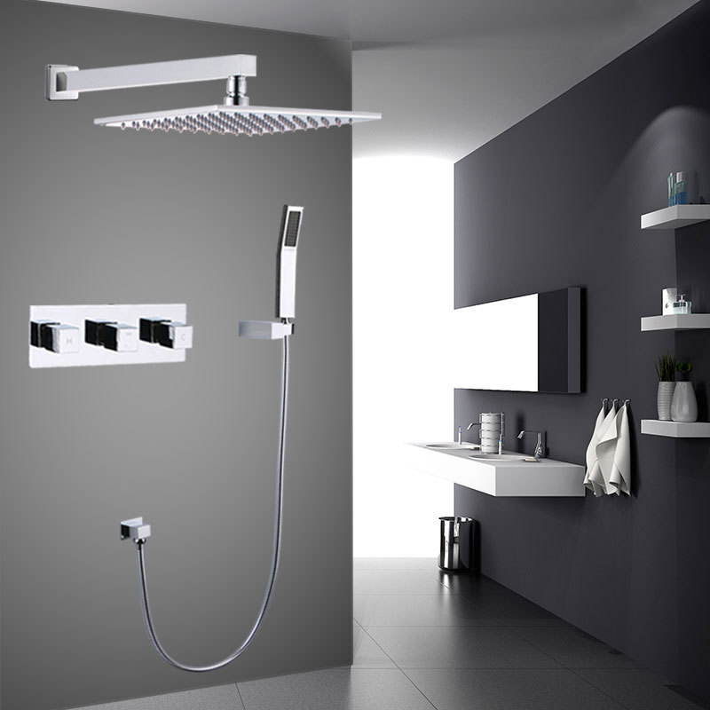 Concealed Wall Mounted Bathroom Shower faucet With Square Ceiling Mounted Shower Head & 3 button control for water switch