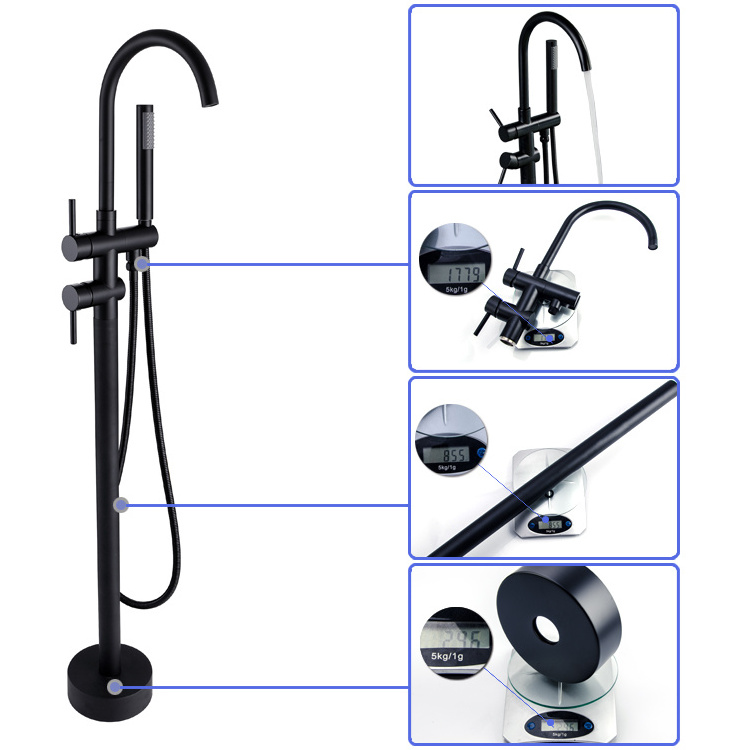 Matt black plate 2 function brass bathtub shower faucet with elegant curved hose  & unique round hand shower