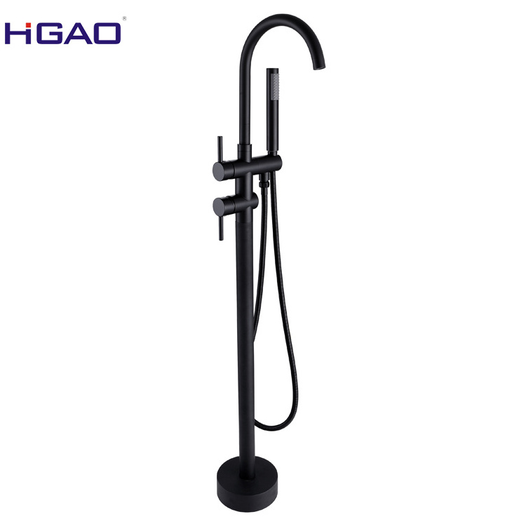 Matt black plate 2 function brass bathtub shower faucet with elegant curved hose  & unique round hand shower