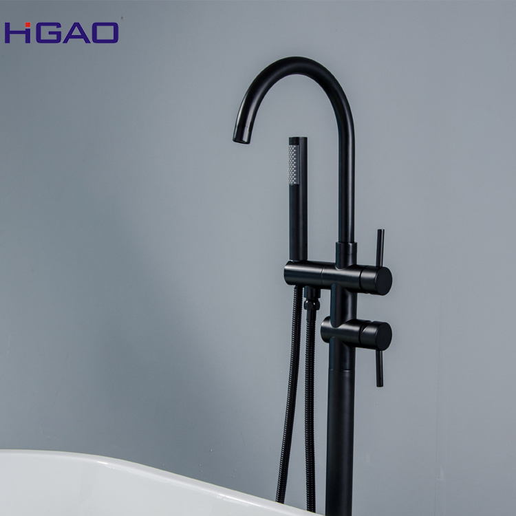 Matt black plate 2 function brass bathtub shower faucet with elegant curved hose  & unique round hand shower