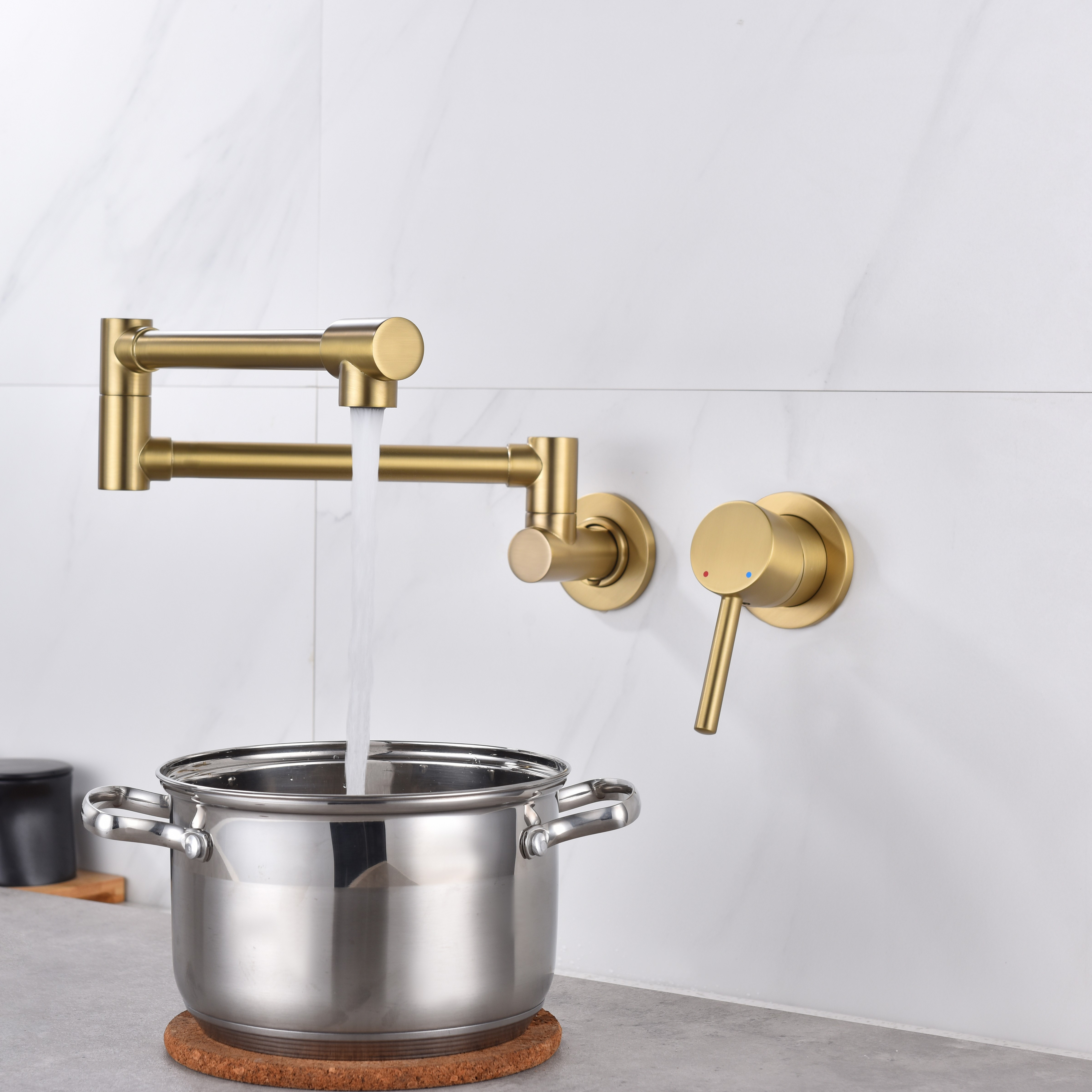 Kaiping factory new design Luxury brushed silver brass wall mounted double handle water taps mixer folding kitchen faucet