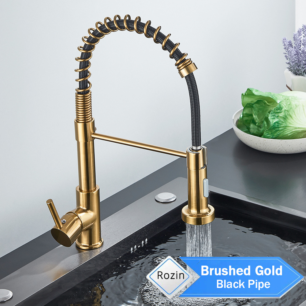 HUAGAO Brass Stainless Steel Brushed Black Torneira Gourmet Pull Down Kitchen Sink Faucets Pull Out Spring Kitchen Faucets