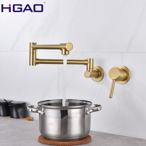 Kitchen Pot Filler Folding Faucet Brass Double Joint Swing Arm Sink Faucet Articulating Wall Mount Two Handle Brushed Brass