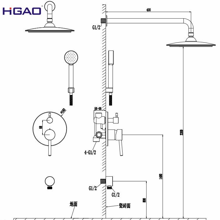 Two Function square Brass Chrome Plate Classic Concealed Wall Mounted Rainfall Shower Faucet with 8'' round showerhead