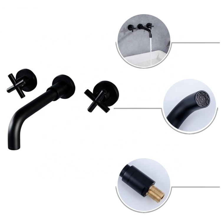 Bathroom Sink Faucet Wall Mounted Dual Handle Matte Black Brass Basin Faucet Two Function Mixer Tap for Bathroom Sink Usage