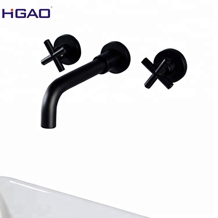 Color Bathroom Wash Basin Cross Handle Mixer Faucet Wall Mounted 3 Holes Black Hot and Cold Water Mixer Metered Faucets Ceramic