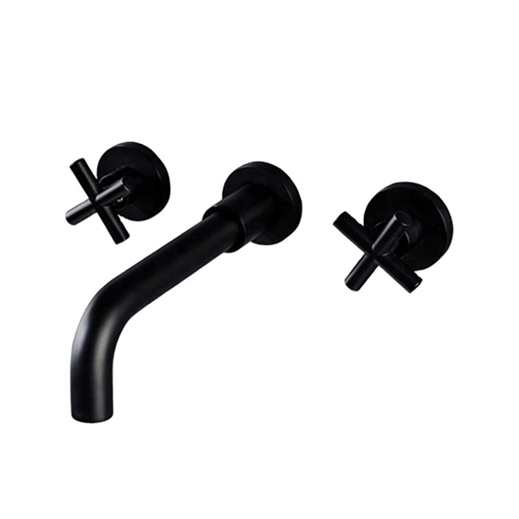 Color Bathroom Wash Basin Cross Handle Mixer Faucet Wall Mounted 3 Holes Black Hot and Cold Water Mixer Metered Faucets Ceramic