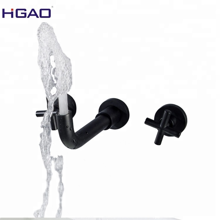 Color Bathroom Wash Basin Cross Handle Mixer Faucet Wall Mounted 3 Holes Black Hot and Cold Water Mixer Metered Faucets Ceramic