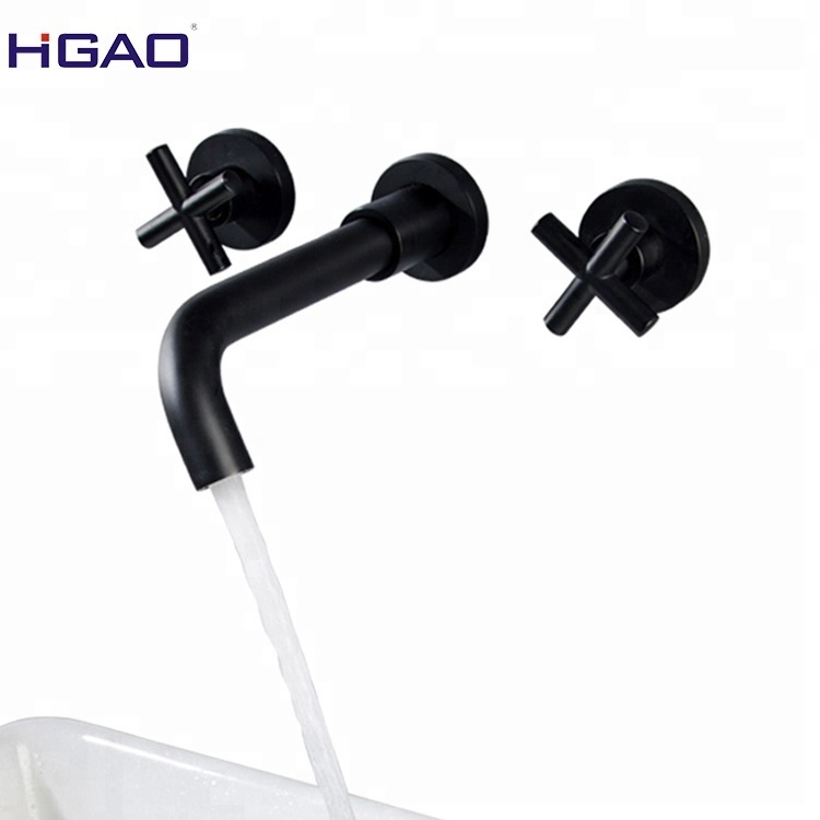 Color Bathroom Wash Basin Cross Handle Mixer Faucet Wall Mounted 3 Holes Black Hot and Cold Water Mixer Metered Faucets Ceramic