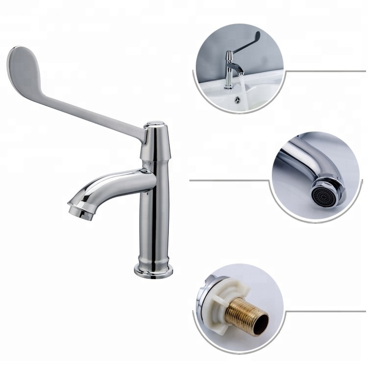 Brass Single Handle Deck Mounted Chrome Plated Long Medical Lever Kitchen Sink Faucet for Hospital Basin Faucets Single Cold