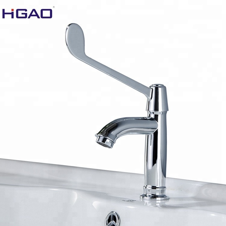 Brass Single Handle Deck Mounted Chrome Plated Long Medical Lever Kitchen Sink Faucet for Hospital Basin Faucets Single Cold