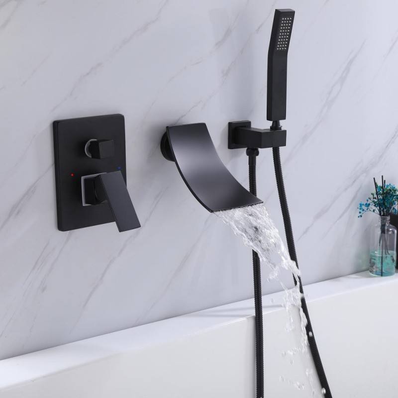 Matte black bathtub faucet waterfall dual handle tub faucet bathroom copper bathtub shower faucet with rainfall handheld shower