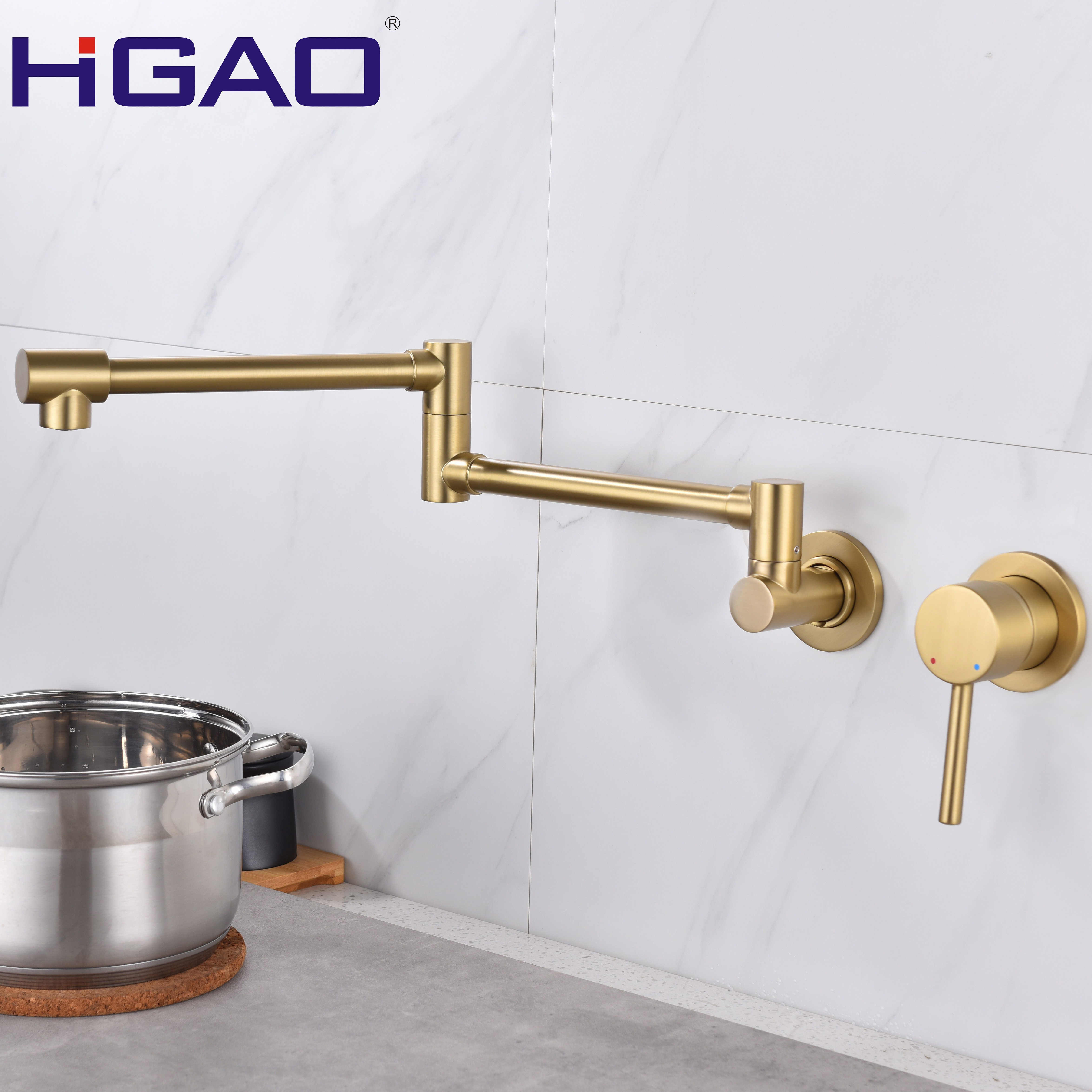 Kitchen Pot Filler Folding Faucet Brass Double Joint Swing Arm Sink Faucet Articulating Wall Mount Two Handle Brushed Brass