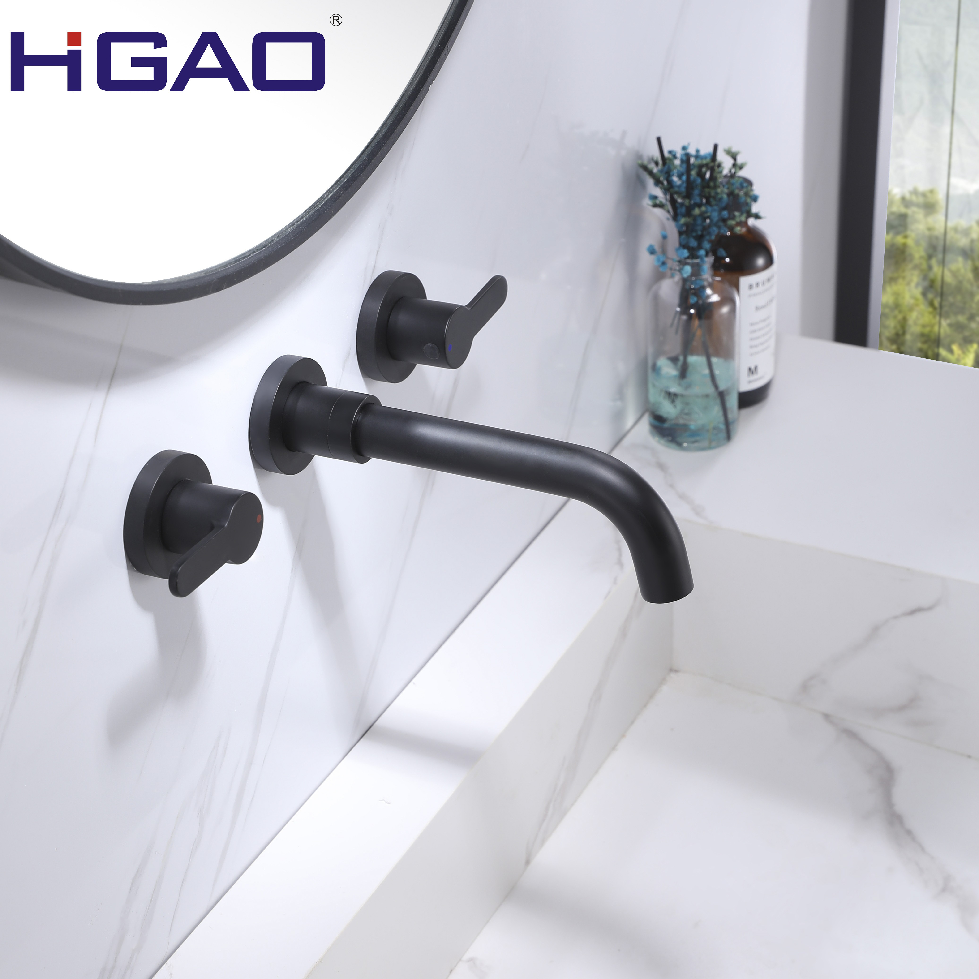 JIangmen modern design hotel black double handle water mixer tap wall mounted wash basin faucet