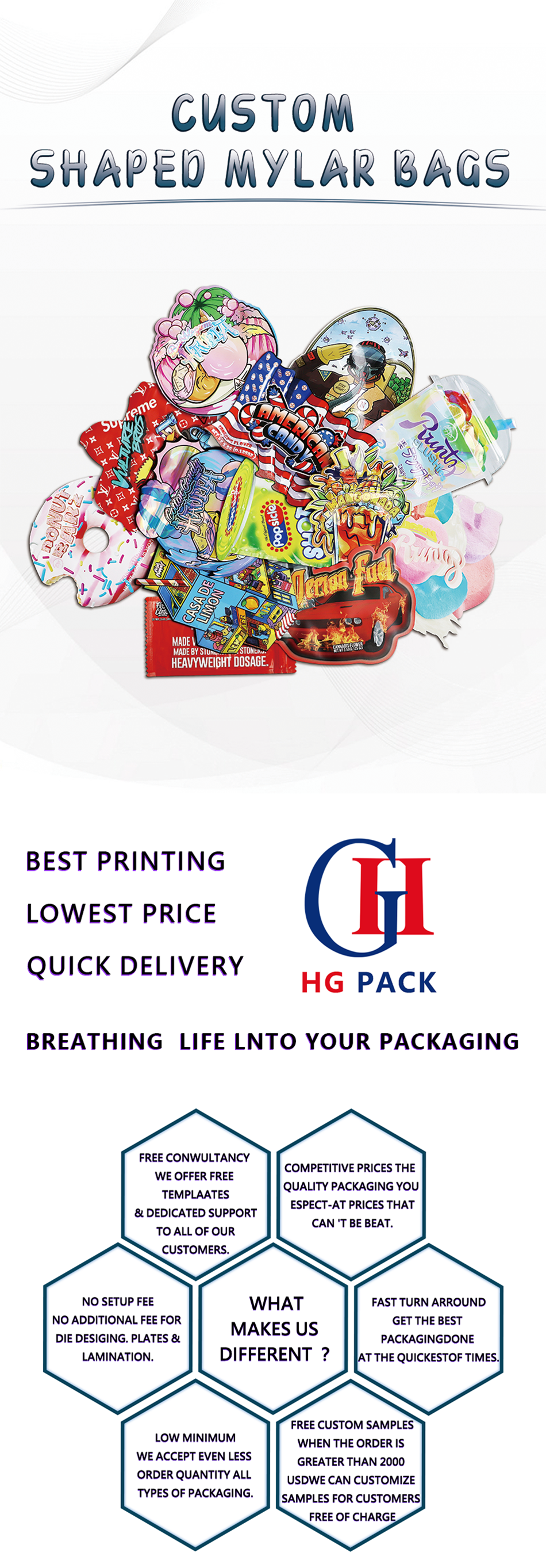 custom 3.5 with my logo zip lock plastic packaging holographic mylar bag Irregular childproof shape Die Cut mylar bags