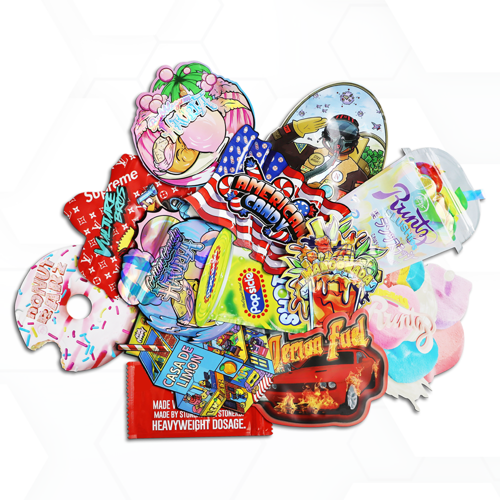 custom 3.5 with my logo zip lock plastic packaging holographic mylar bag Irregular childproof shape Die Cut mylar bags