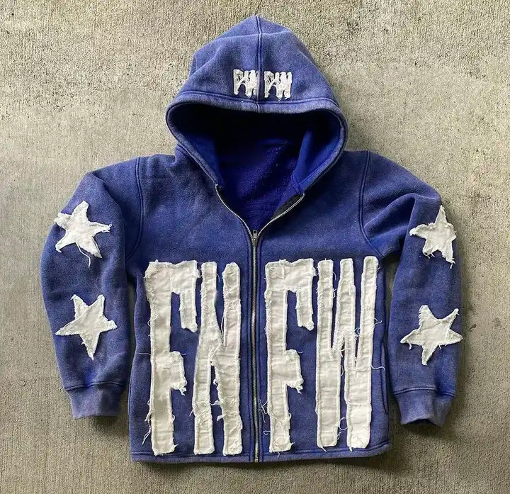 HG1122 Custom Manufacturer Distressed Cut and Sew Men Heavyweight Vintage Embroidery applique  Patch Acid Wash Zip Up Hoodie