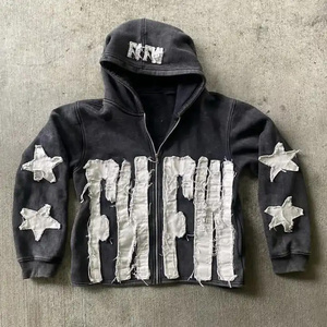 HG1122 Custom Manufacturer Distressed Cut and Sew Men Heavyweight Vintage Embroidery applique  Patch Acid Wash Zip Up Hoodie