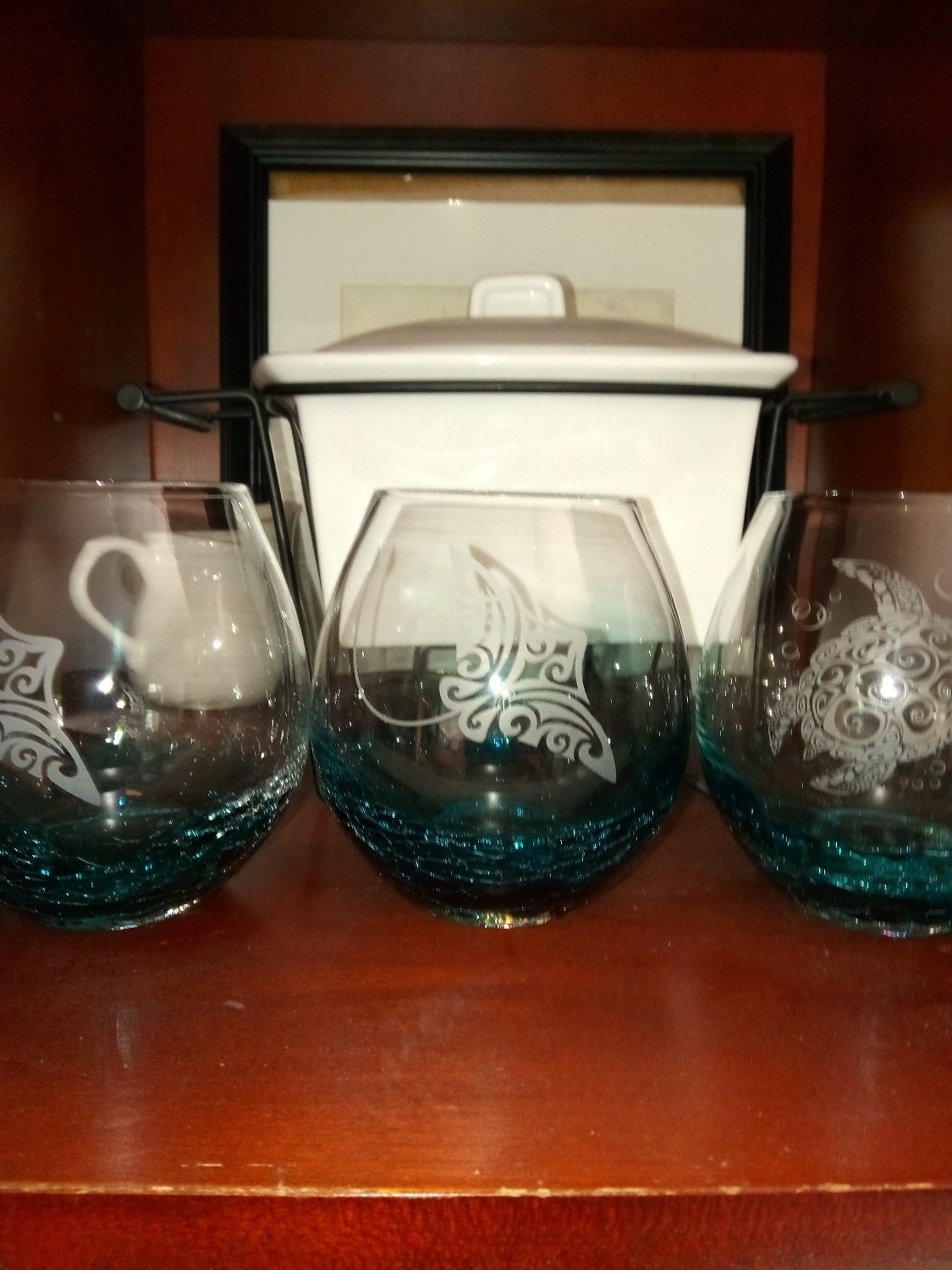 Hand Etched Tribal Dolphin shark  Design Sand Carved Color Glass Crackle Blue Stemless Wine Glass