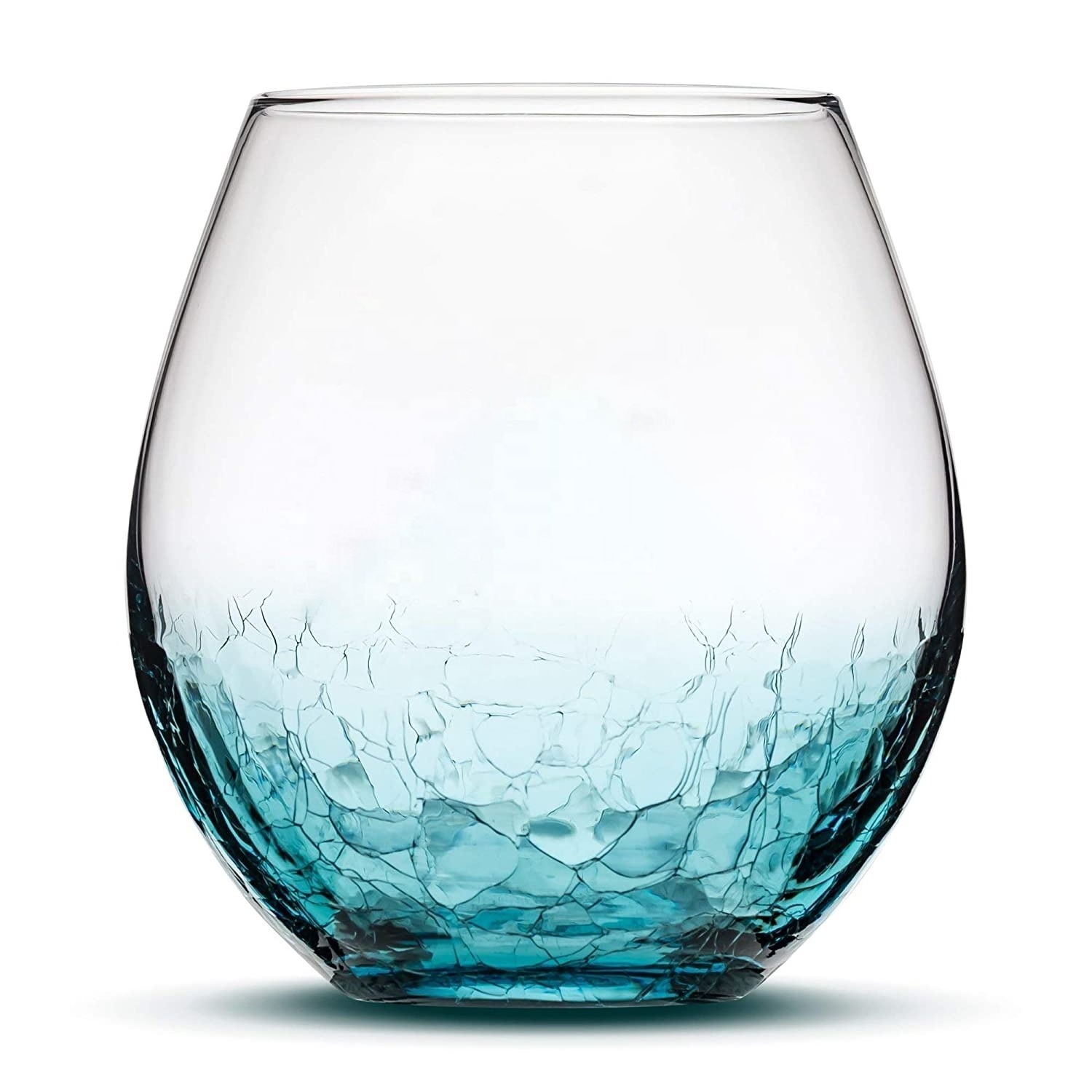 Hand Etched Tribal Dolphin shark  Design Sand Carved Color Glass Crackle Blue Stemless Wine Glass