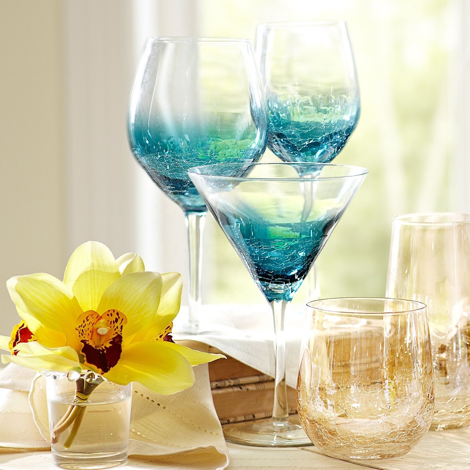 Crackle collection Hand Etched Sand Carved Color GLass Cracked Teal Stemware Crackle Colored Wine Glass