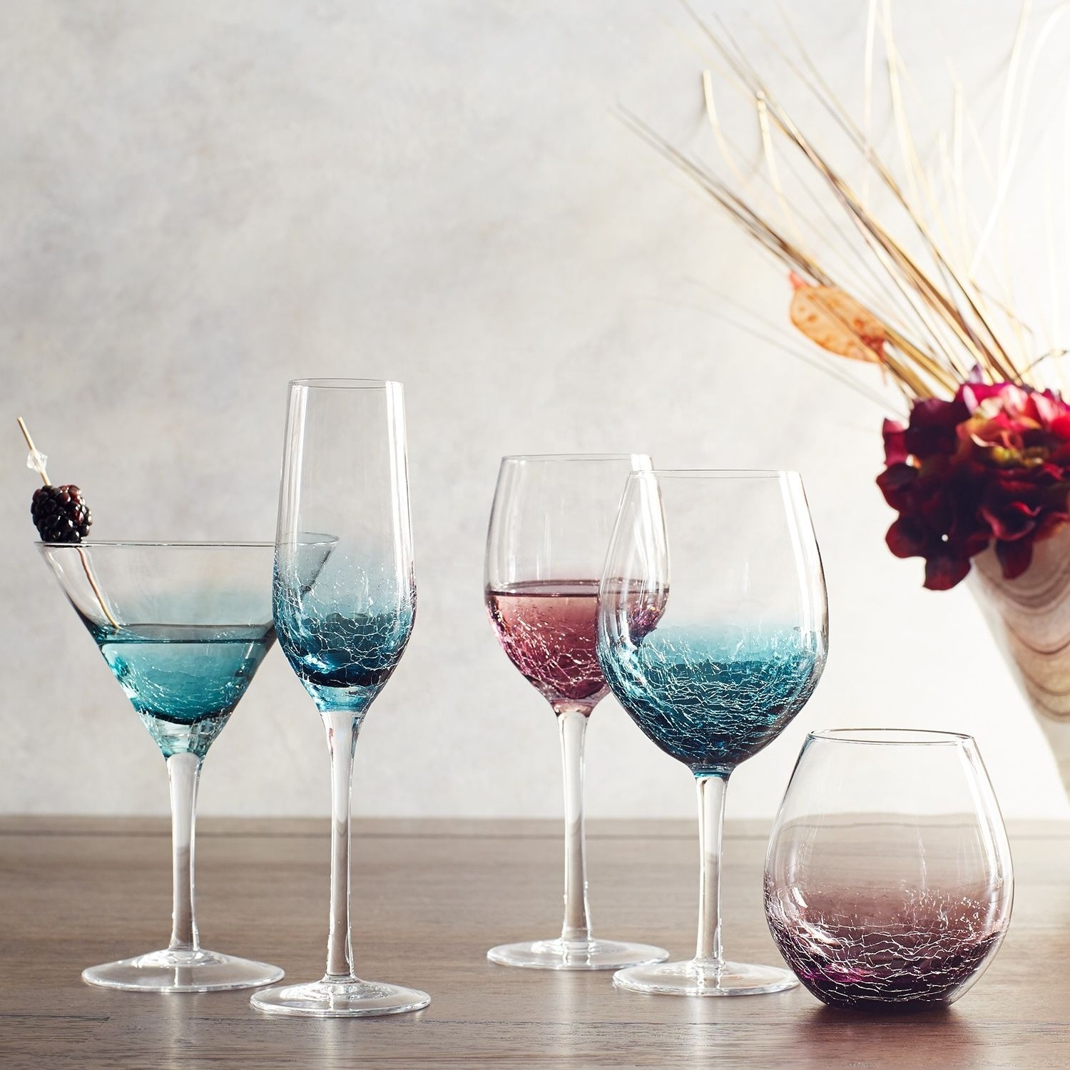 Crackle collection Hand Etched Sand Carved Color GLass Cracked Teal Stemware Crackle Colored Wine Glass