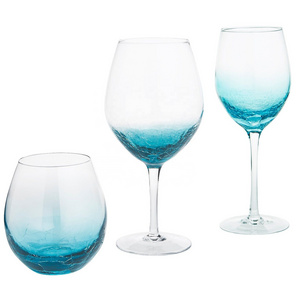 Crackle collection Hand Etched Sand Carved Color GLass Cracked Teal Stemware Crackle Colored Wine Glass