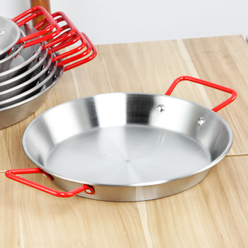 Spanish paella pan with red handle stainless steel seafood frying pan set