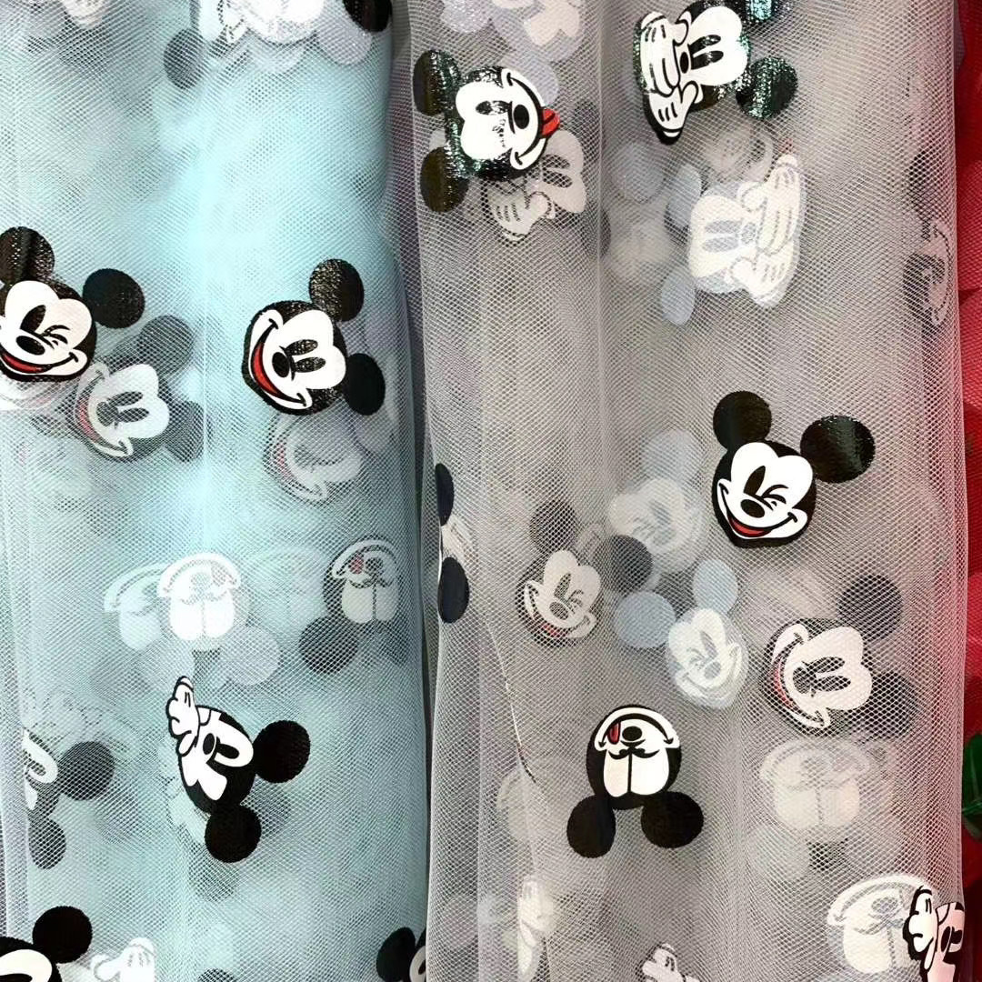 HG6368 Foil Printed mickey mouse cartoon design printing  polyester tulle mesh fabric