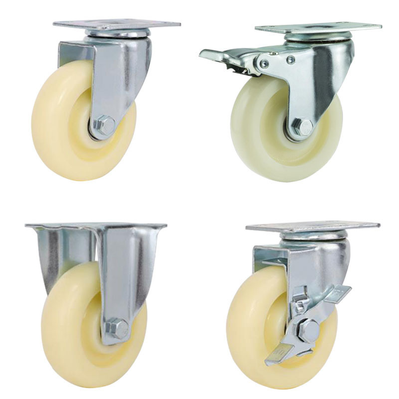 Universal casters medium flat bottom plate movable brakes white pp nylon industrial trolley wheels 2.5,/3 inch directional wheel